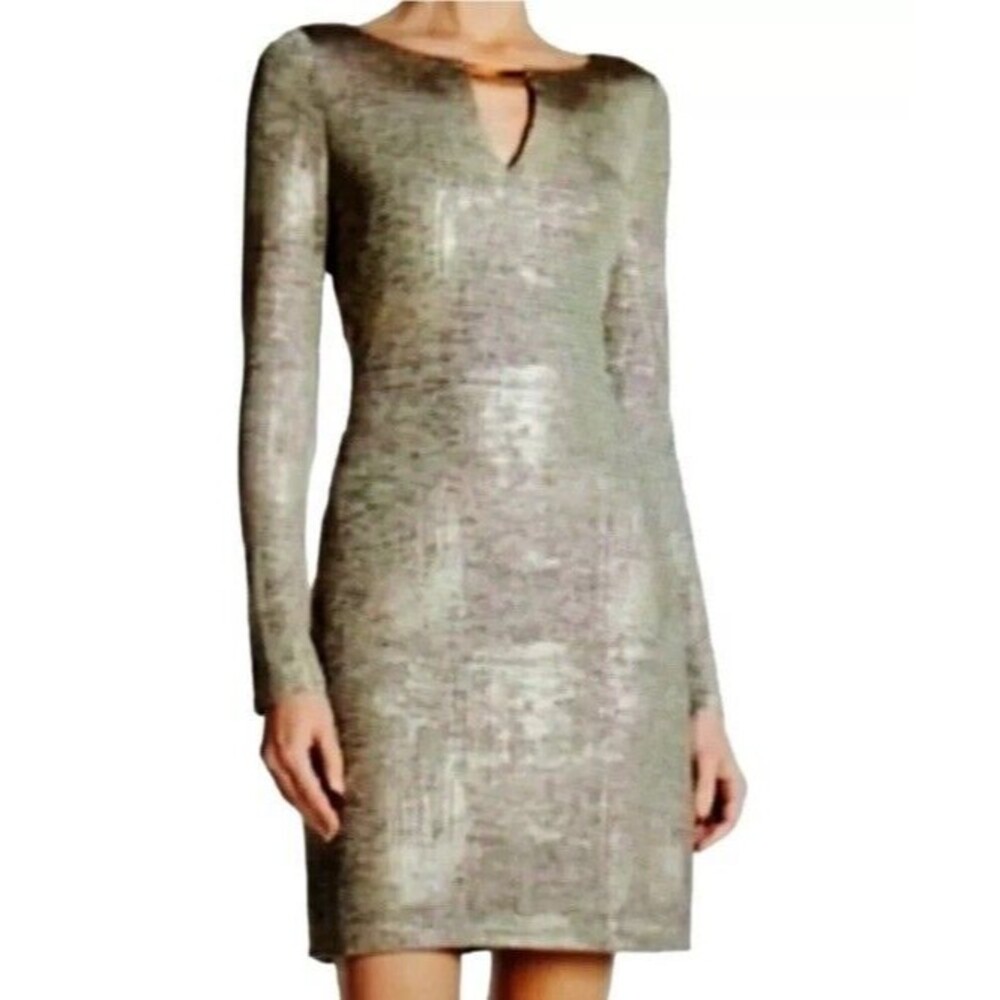 Vince Camuto Dress Gold Grey Metallic 4 Mini Length Long Sleeves Keyhole NYE